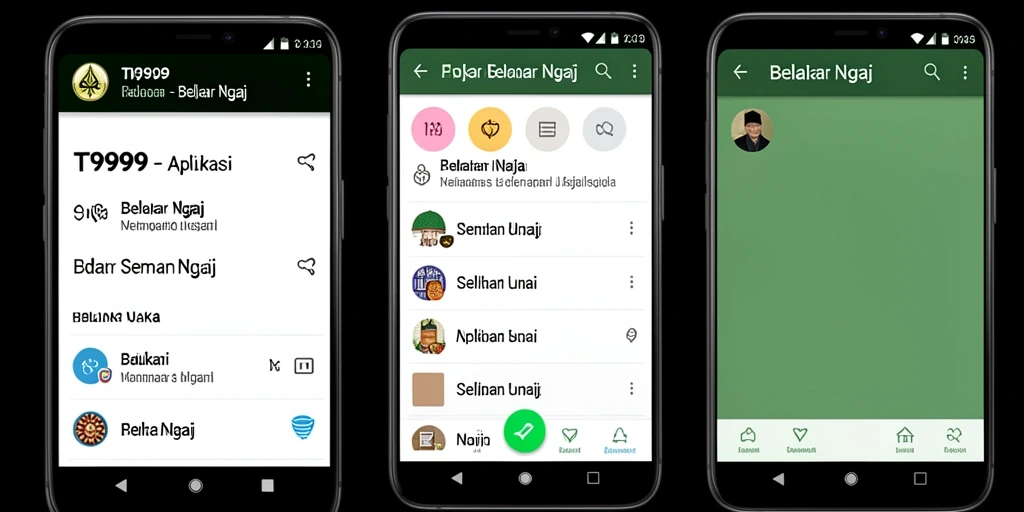 Antarmuka aplikasi T9999 untuk belajar mengaji yang menarik dan interaktif.